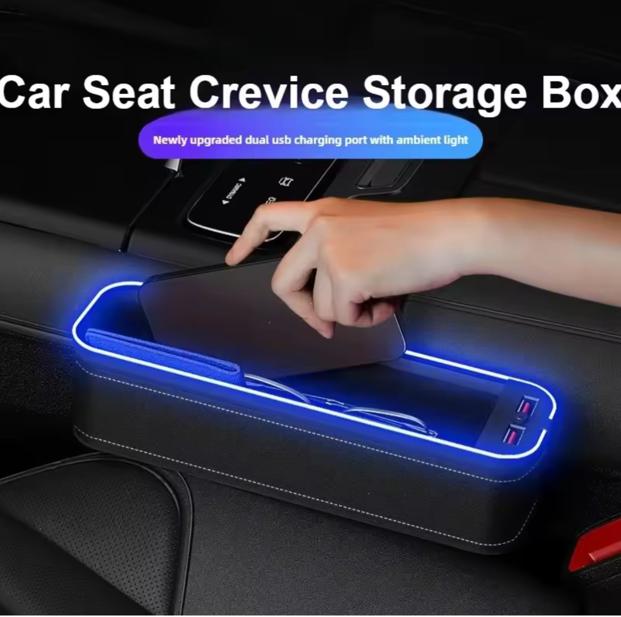 Car 2 USB Charging Colour Light Seat Gap Storage Box LED Car Crevice Storage Organizer Box Auto Interior Stowing Tidying