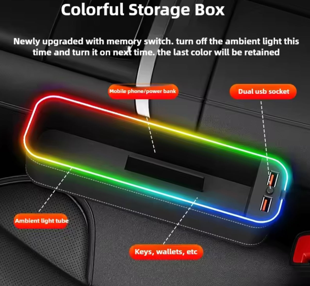 Car 2 USB Charging Colour Light Seat Gap Storage Box LED Car Crevice Storage Organizer Box Auto Interior Stowing Tidying