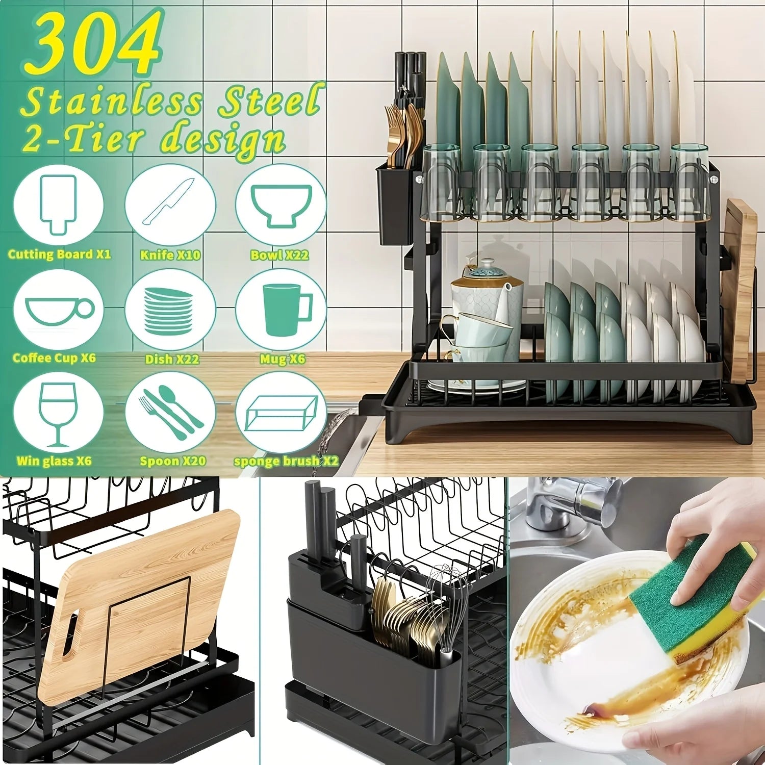 Large-Capacity Double-Layer Kitchen Storage Rack with Drainage, Lockable Metal Tableware Stand for Bowls, Kitchen Organizers