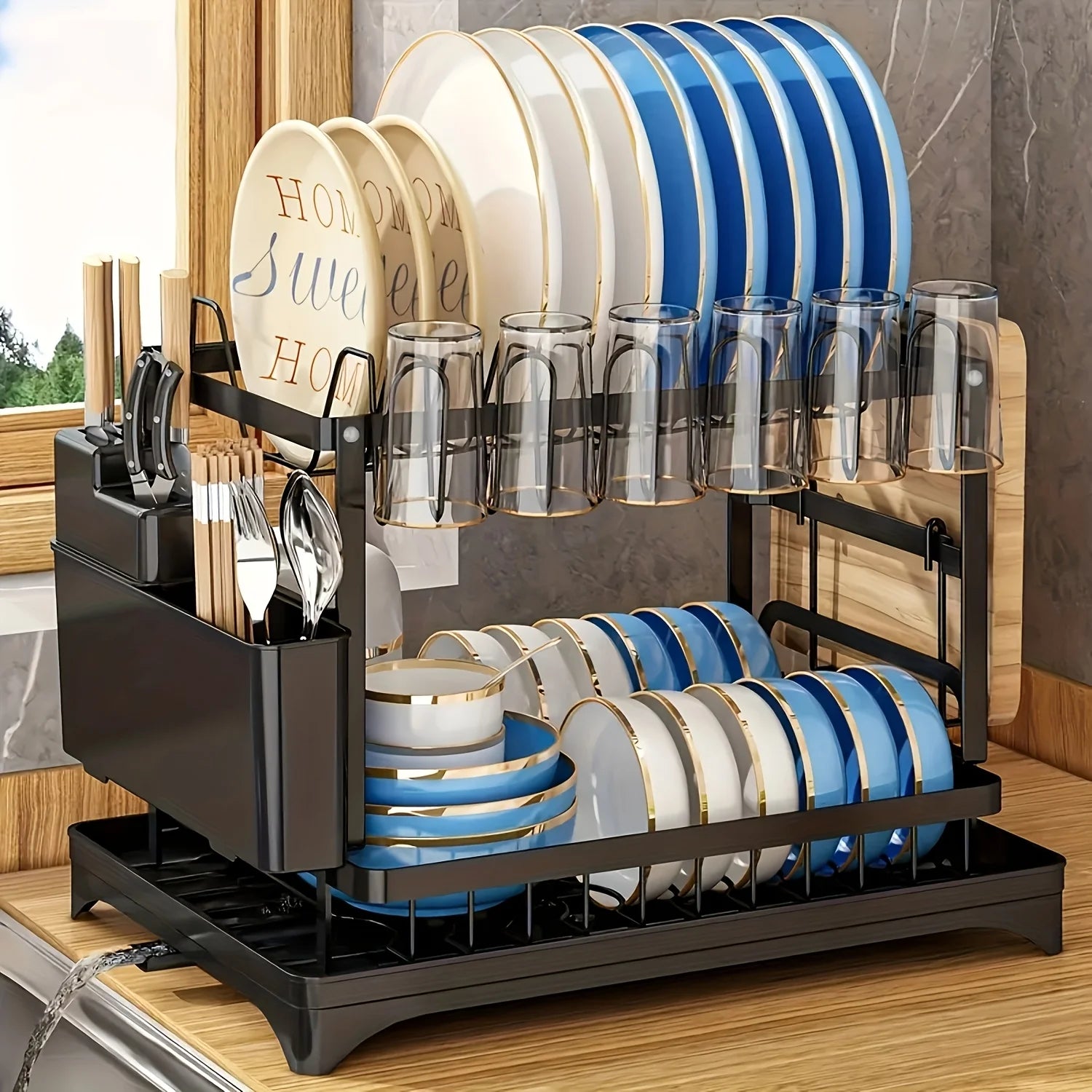 Large-Capacity Double-Layer Kitchen Storage Rack with Drainage, Lockable Metal Tableware Stand for Bowls, Kitchen Organizers