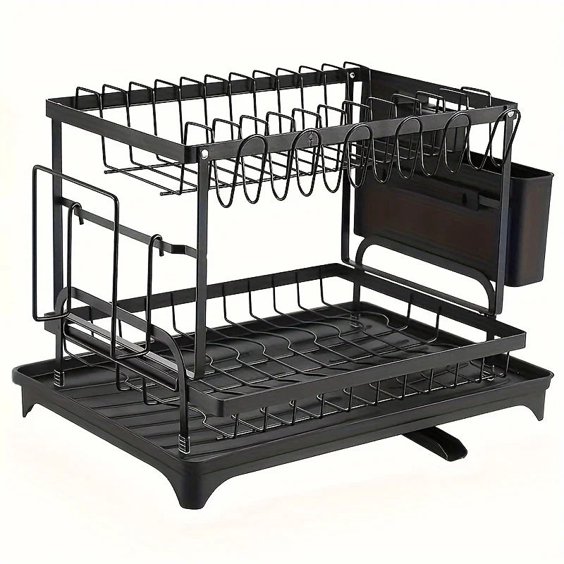 Large-Capacity Double-Layer Kitchen Storage Rack with Drainage, Lockable Metal Tableware Stand for Bowls, Kitchen Organizers